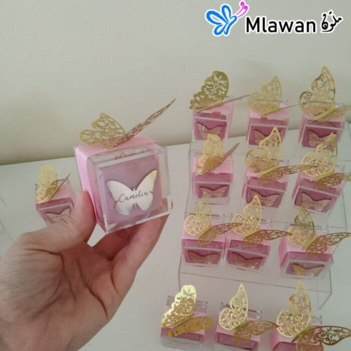 Mini clear acrylic box with gold acrylic butterfly