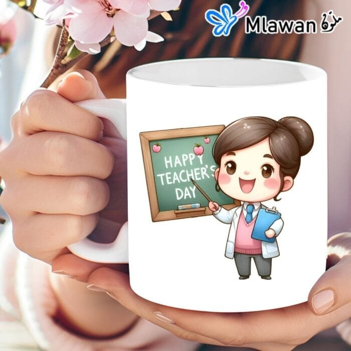 Teachers Day ceramic mug with a cute teacher illustration