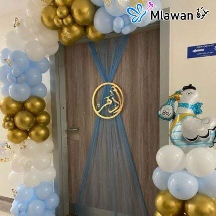 Baby boy welcome balloon arch in hospital