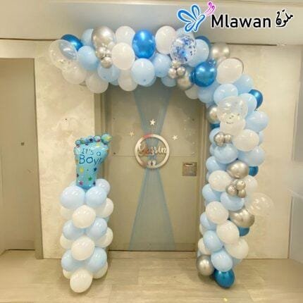 Personalized balloon door display for baby boy celebration