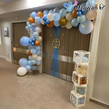 Newborn baby boy hospital room decoration with balloon arch