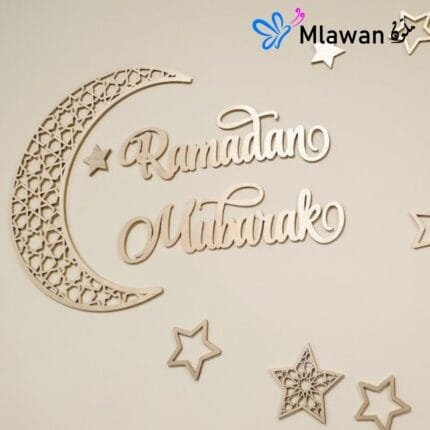 Handcrafted golden Ramadan wall art with crescent moon and stars hanging on living room wall.