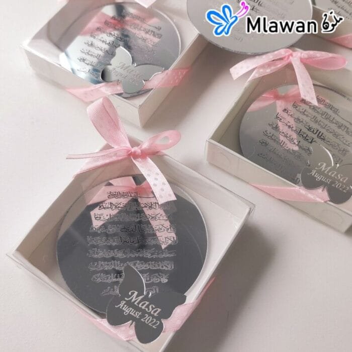 "Ayat Al Kursi" mirror favor with butterfly name tag for special occasions