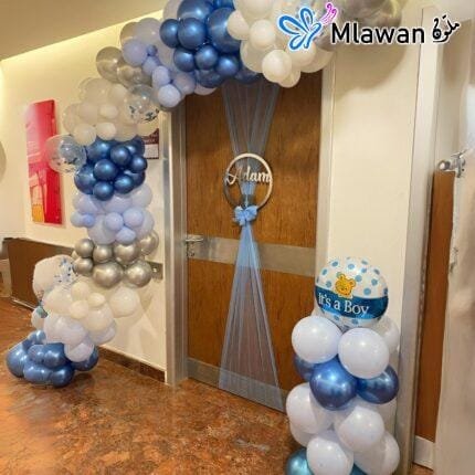 Personalized baby boy door decor with blue and white balloons