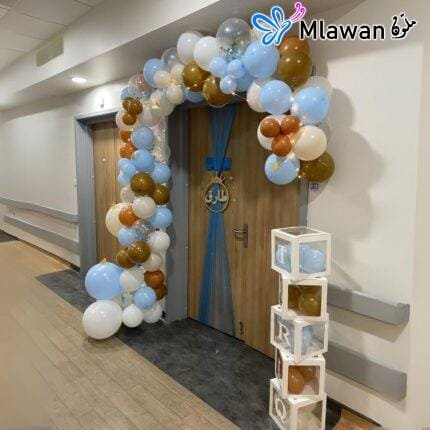 Personalized baby name box and balloon arch for newborn arrival