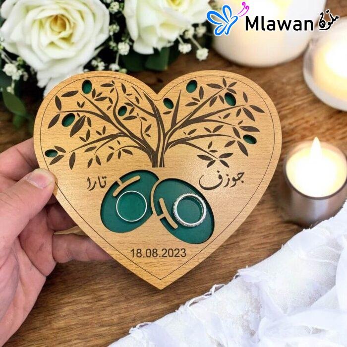 Personalized wooden heart ring box with olive tree engraving