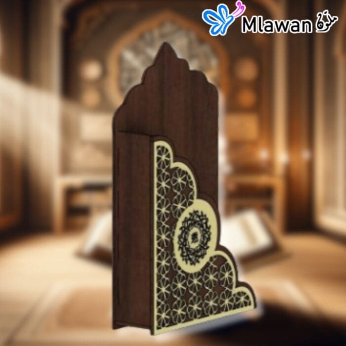 Elegant wooden Quran stand with intricate Islamic patterns