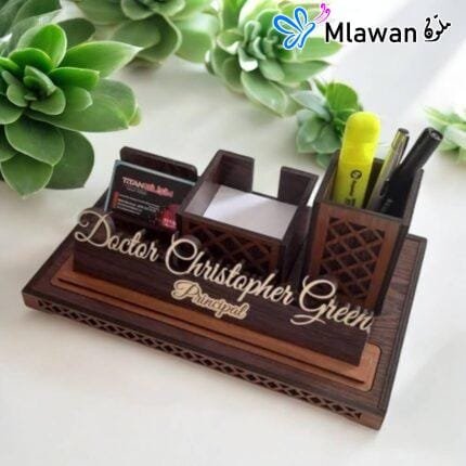 Custom desk organizer with nameplate for workspace organization.