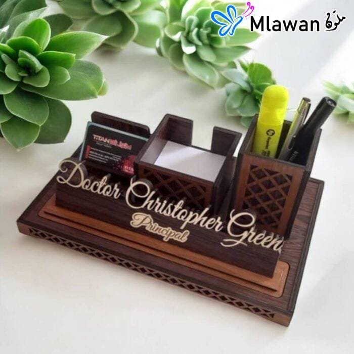 Custom desk organizer with nameplate for workspace organization.