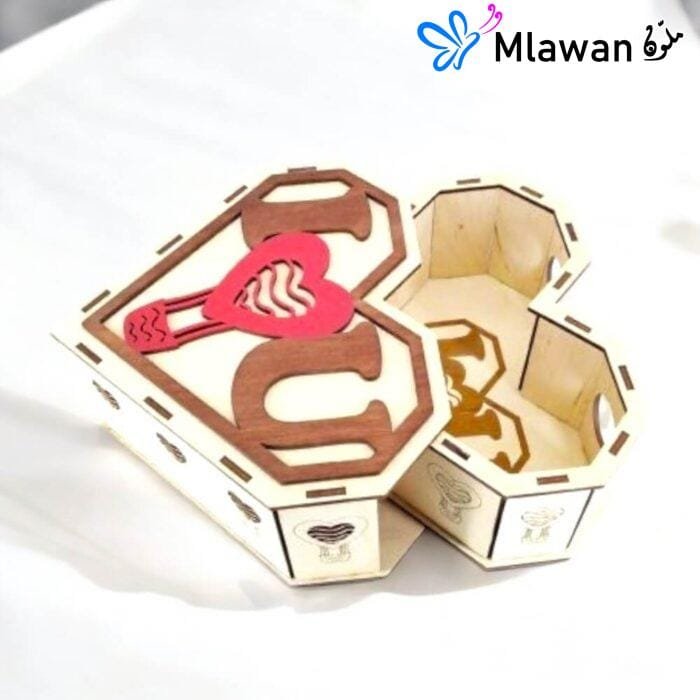 Elegant heart-shaped wooden box for Valentine’s Day gifts.