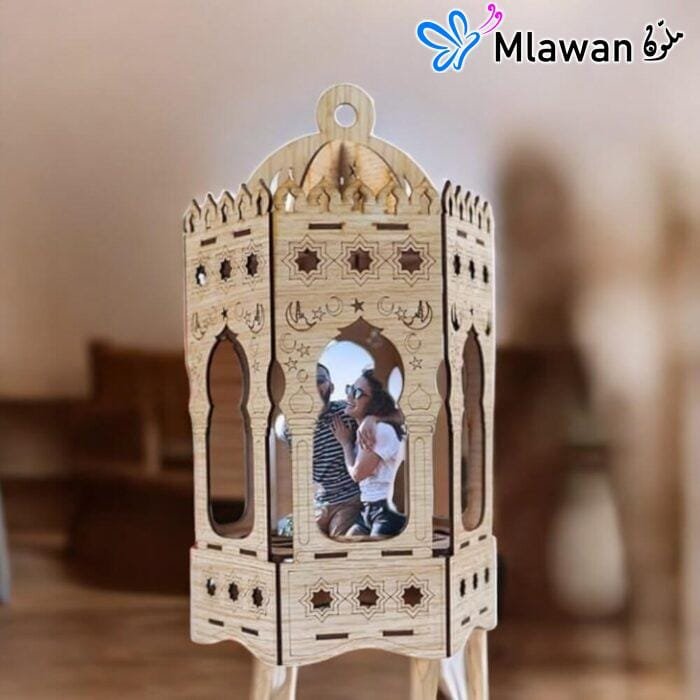 Wooden Lantern for Ramadan with Engraved Islamic Patterns