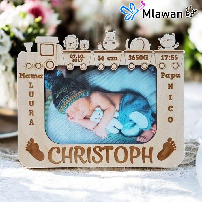 Custom newborn picture frame with name, date, weight, and length