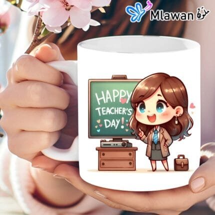 Cartoon teacher mug with chalkboard message