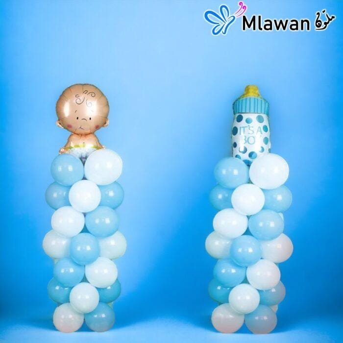 baby shower balloon stand with bottle and baby toppers