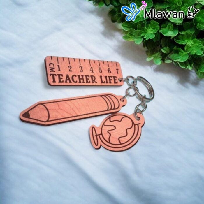 teacher keychain with ruler, pencil, and globe