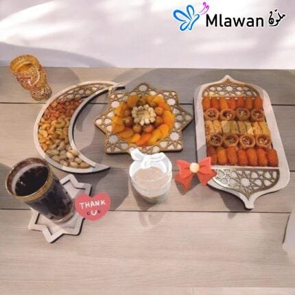 Ramadan Wooden Serving Tray Set with 3 Pieces and Coaster for Iftar